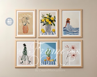 6 Frame Gallery Wall Mockup, Six Wood Set, Multiple 6  for Bundle, Realistic a4 a3 a2 Boho, Minimal, Psd Poster Art, DIN A Photoshop