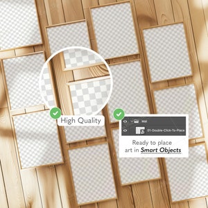 May include: A collection of rectangular wooden picture frames with a transparent center, arranged on a light-colored wooden surface. The image includes the text "High Quality" and "Ready to place art in Smart Objects".