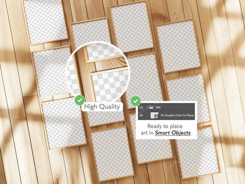 May include: A collection of rectangular wooden picture frames with a transparent center, arranged on a light-colored wooden surface. The image includes the text "High Quality" and "Ready to place art in Smart Objects".