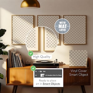 May include: A mid-century modern style wooden cabinet with a record player and framed art prints. The frames have gold trim. The text on the image says "High Quality", "With Mat Layer", and "Vinyl Cover Smart Object".
