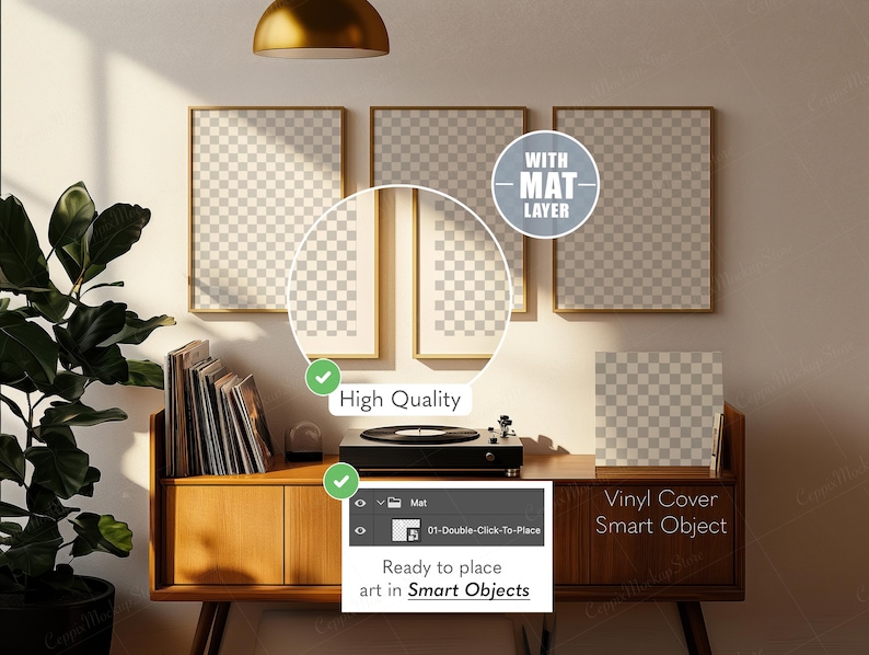 May include: A mid-century modern style wooden cabinet with a record player and framed art prints. The frames have gold trim. The text on the image says "High Quality", "With Mat Layer", and "Vinyl Cover Smart Object".
