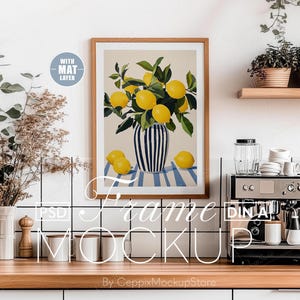 Küchenrahmen Mockup, A4 A3 realistisch für Minimalistische Kunst, Kochen Haus, PSD Poster ISO A DIN, Innenwand Vorlage dünnes Holz Boho A2