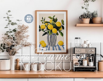 Kitchen Frame Mockup, A4 A3 Realistic for Minimalist Art, Cooking House, PSD Poster ISO A DIN, Interior Wall Template Thin Wood Boho A2