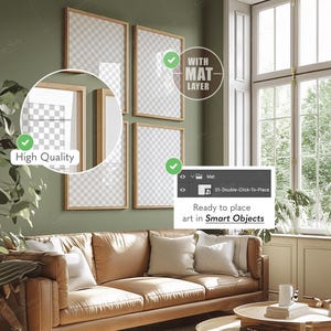 Peut inclure: Un salon avec un canap&eacute; en cuir marron, une table basse ronde et des impressions d'art encadr&eacute;es au mur. Les cadres sont en bois de couleur claire. Le texte "High Quality" et "Ready to place art in Smart Objects" sont visibles.