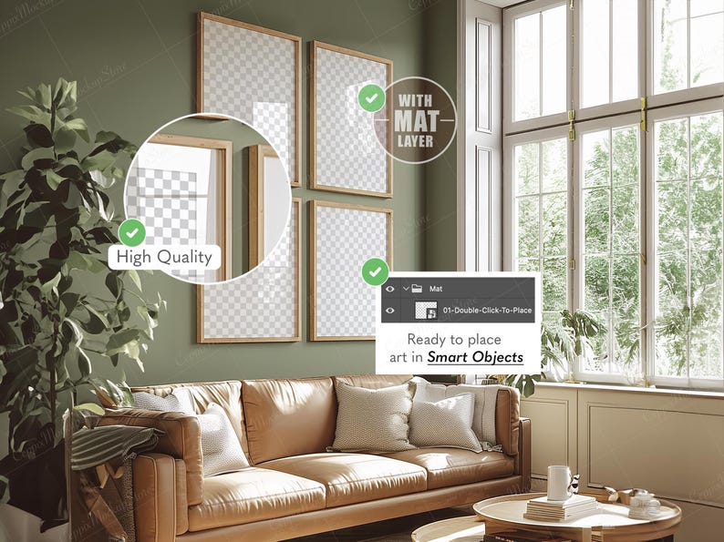 Peut inclure: Un salon avec un canap&eacute; en cuir marron, une table basse ronde et des impressions d'art encadr&eacute;es au mur. Les cadres sont en bois de couleur claire. Le texte "High Quality" et "Ready to place art in Smart Objects" sont visibles.