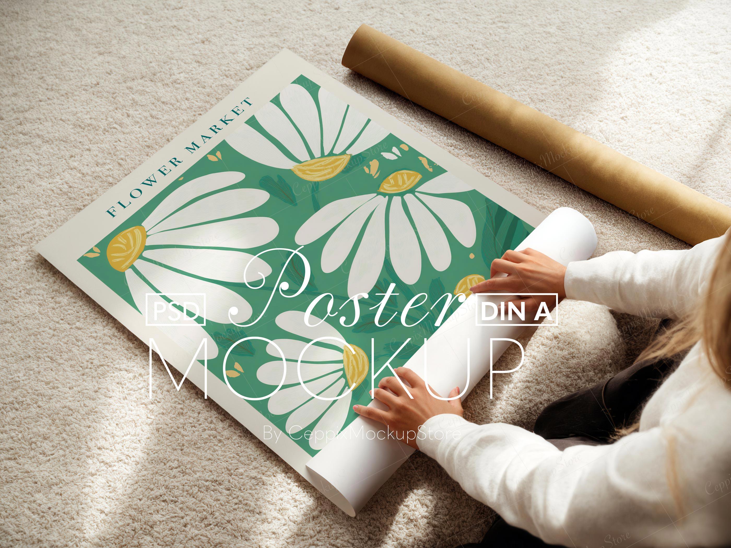 Poster Mockup With Person, Rolled Up: Unrolling Rolling, Detailed Closeup Hands A4 A3 Iso Frame Template Realistic Flat PSD Photoshop