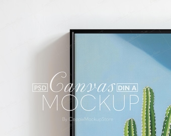 Framed Canvas Mockup Closeup Flat, Black Realistic Textured, Minimal Poster Wall Art Template Square, Vertical, Horizontal Painting PSD