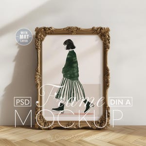 Golden Frame Mockup, Gold Vintage and Thick, Vertical Antique Classic Baroque, on Floor, PSD Template, Photoshop Mat, Poster DIN A, A3, A4