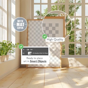 May include: A mockup of a framed picture with a transparent background, ready to be customized with your own artwork. The frame is made of wood and has a light brown finish. The picture is hanging on a wall in a room with a window and a wooden floor. The text "WITH MAT LAYER" is visible in the upper left corner of the image. The text "High Quality" is visible in the upper right corner of the image. The text "Ready to place art in Smart Objects" is visible in the lower left corner of the image.