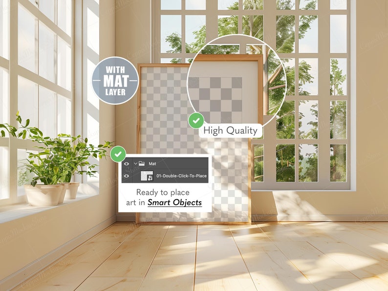May include: A mockup of a framed picture with a transparent background, ready to be customized with your own artwork. The frame is made of wood and has a light brown finish. The picture is hanging on a wall in a room with a window and a wooden floor. The text "WITH MAT LAYER" is visible in the upper left corner of the image. The text "High Quality" is visible in the upper right corner of the image. The text "Ready to place art in Smart Objects" is visible in the lower left corner of the image.