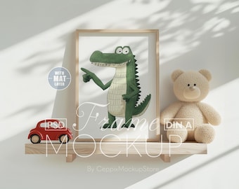 Nursery Frame Mockup, Wood Poster Mockup A4 A3 PSD for Boy Girl, Playroom Kids Room Frame, DIN A Children Frame Mock Up, Interior Template