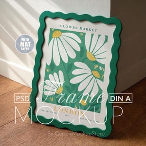 Gewellter Rahmen Mockup, Grüner Kunststoff oder Holz, a4 a3 Verspieltes Jugendzimmer Poster, PSD Vorlage, Din A Funky Poster Artwork, Bild Foto Preppy