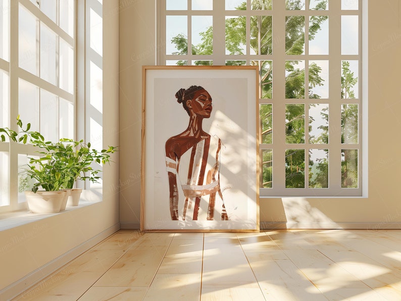 May include: A framed illustration of a person with brown skin and white and brown striped clothing. The person has dark hair and is looking to the right. The background is a light beige color.