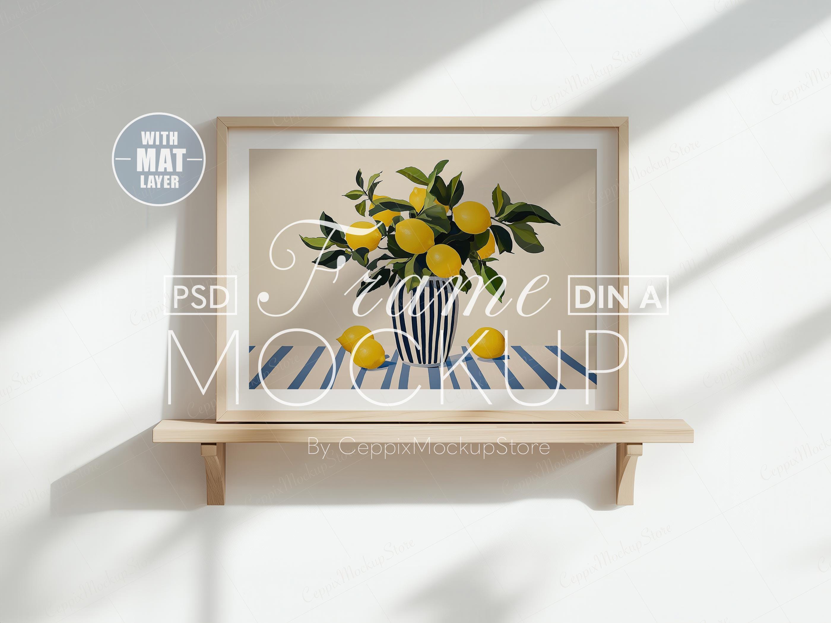 Horizontal Landscape Frame Mockup, A3 A4 Minimalist Wood Sitting Wood Shelf, PSD Smart Object, Boho Poster, DIN A Simple Thin for Photoshop