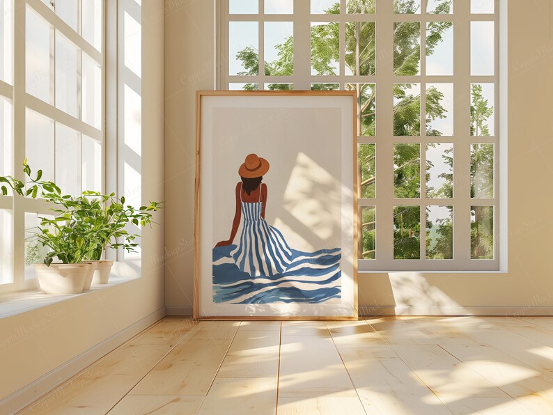 May include: A framed illustration of a person wearing a straw hat and a blue and white striped dress, sitting on a blue and white striped wave pattern.