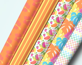 Rollos de papel de regalo personalizados con motivos florales tropicales: colección de papel de regalo botánico brillante para celebraciones.