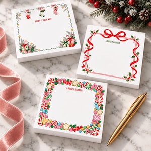 Personalized Post-Its Note Pad, Christmas Stockings and Presents, Red Ribbon, Holiday Candy | Celebration Wraps