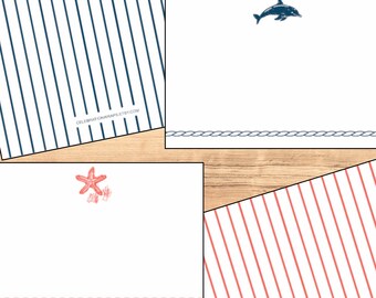 Juego de papelería con motivos de animales marinos / Tarjetas con langosta, delfín, estrella de mar y dólar de arena / Papel de regalo para celebraciones
