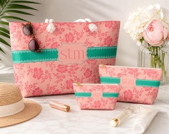 Bolsas de fin de semana y de viaje Palm Beach Coral Pink Vintage Floral Accessory Pouch / Celebration Wraps