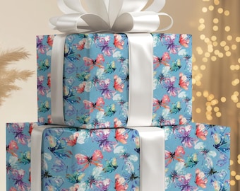 Papel de regalo con mariposas de acuarela para el Día de la Madre, papel de regalo floral azul para ella o papel de regalo para celebraciones.