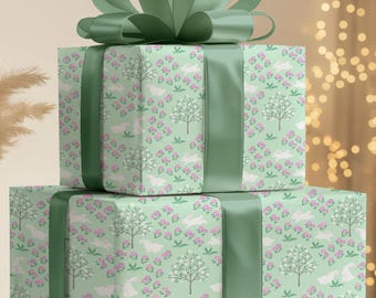 Papel de regalo de conejito de Pascua con menta, papel de regalo floral de primavera/papel de regalo para celebraciones