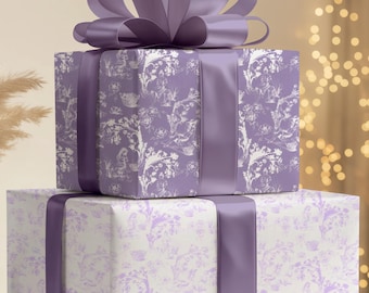 Papel de regalo Toile de Jouy con estampado floral lavanda, color morado, estilo campestre francés, rollos de papel de regalo botánico / Papel de regalo para celebraciones