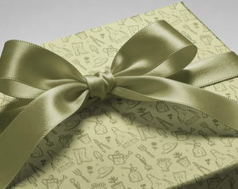 Papel de regalo verde salvia con diseño floral dibujado a mano para jardinería / Papel de regalo para celebraciones