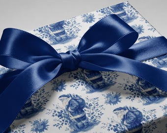 Rollos de papel de regalo de lujo Santa Toile, papel de regalo ecológico / Toile de Jouy azul navideño / Papel de regalo para celebraciones