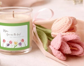 Vela aromática personalizada con ramo de tulipanes de ganchillo, regalo para el Día de la Madre.