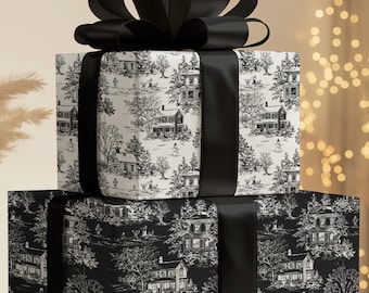 Papel de regalo Toile estilo cabaña vintage en blanco y negro para envolver regalos de celebración