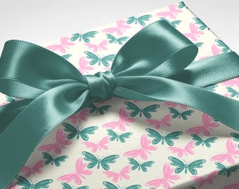 Papel de regalo de lujo con mariposas rosas y turquesas, rollos de papel de regalo con diseño floral de insectos / Papel de regalo para celebraciones