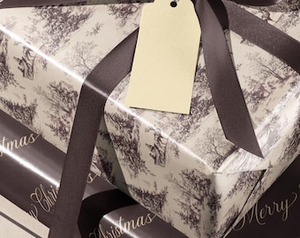 Woodland Cabin Brown Toile De Jouy Stripe Merry Christmas Script Lettering Gift Wrap Rolls | Celebration Wraps