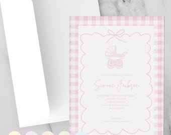 Invitación para baby shower de cuadros vichy con cochecito de bebé, borde festoneado, estilo preppy / Envolturas para celebraciones