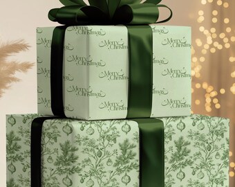 Rollos de papel de regalo de lujo con adornos Toile vintage verde - Papel de regalo ecológico coordinado para fiestas y celebraciones