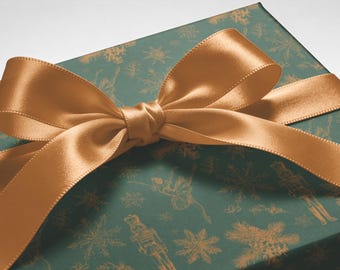 Rollo de papel de regalo navideño de lujo Toile de Jouy, color verde, con diseño del ballet Cascanueces / Papel de regalo para celebraciones