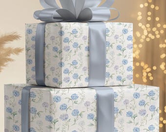 Papel de regalo floral con hortensias azules, rollo de papel botánico para regalo/envolturas para celebraciones