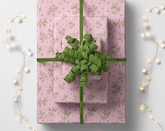 Rollos de papel de regalo de lujo con estampado botánico en rosa y verde / Papel de regalo para celebraciones