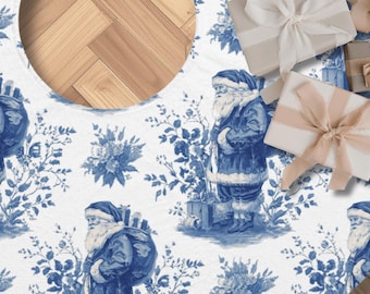 Toile De Jouy Vintage Blue Santa Christmas Under The Tree Skirt | Celebration Wraps