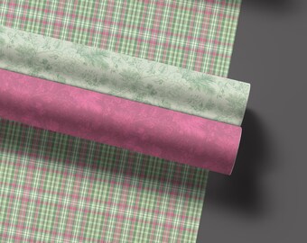 Papel de regalo navideño con estampado botánico a cuadros, rollos de Navidad, colección de regalos festivos, celebraciones de temporada.