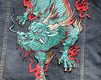 Par de parches bordados a mano Qilin – Aplique de criatura mitológica china tradicional para proyectos de bricolaje atrevidos