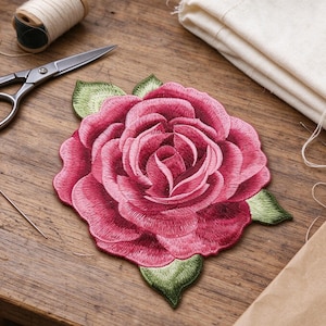 Puede incluir: Un parche bordado con forma de rosa que presenta pétalos superpuestos en tonos magenta intenso, carmesí y rosa suave, acentuados con tres hojas verdes. El parche se muestra junto a un carrete de hilo, tijeras de metal y tela.