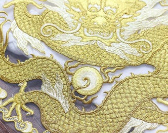 Parche bordado redondo grande de dragón chino (28 cm, 1 unidad/paquete). Aplique cosido a mano.