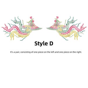 Puede incluir: Par de dise&ntilde;os bordados con forma de ave en colores pastel. Los dise&ntilde;os son sim&eacute;tricos, cada uno mirando en la direcci&oacute;n opuesta. El texto "Style D" est&aacute; debajo, con el texto "It's a pair, consisting of one piece on the left and one piece on the right."