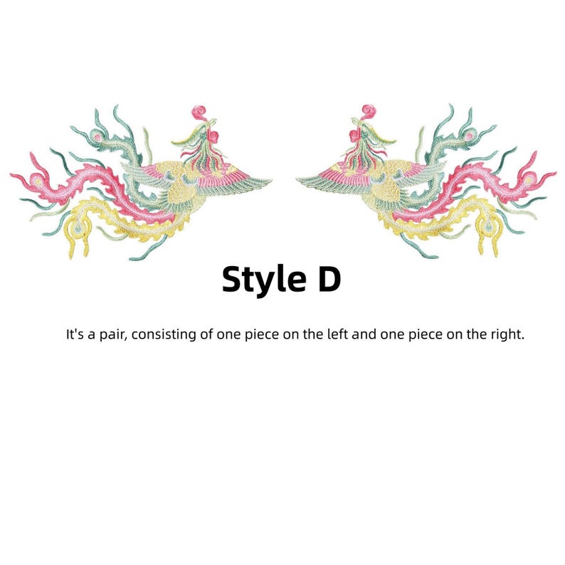 Puede incluir: Par de dise&ntilde;os bordados con forma de ave en colores pastel. Los dise&ntilde;os son sim&eacute;tricos, cada uno mirando en la direcci&oacute;n opuesta. El texto "Style D" est&aacute; debajo, con el texto "It's a pair, consisting of one piece on the left and one piece on the right."