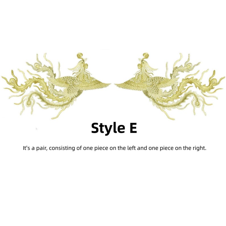 Puede incluir: Dos parches de f&eacute;nix bordados en oro, Estilo E, sobre un fondo blanco. Los parches son im&aacute;genes especulares. El texto "Style E" est&aacute; debajo, con el texto "It's a pair, consisting of one piece on the left and one piece on the right."