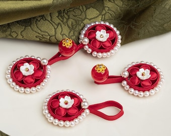 Handcrafted Red Pearl Flower Frog Buttons | Traditional Chinese Knot Fasteners for Cheongsams & Formal Wear