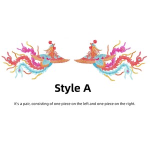 Puede incluir: Parche de f&eacute;nix bordado estilo A. Los parches presentan un dise&ntilde;o colorido con tonos rojos, naranjas, rosas y azules. El texto "Style A" est&aacute; debajo, con la descripci&oacute;n: "Es un par, que consta de una pieza a la izquierda y una pieza a la derecha."
