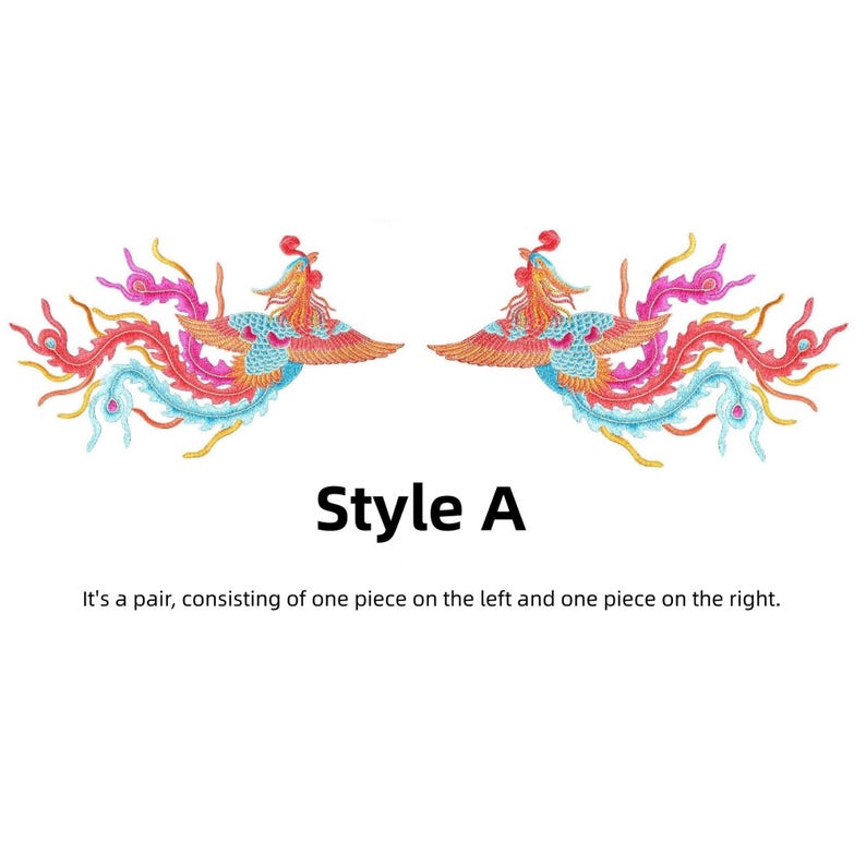 Puede incluir: Parche de f&eacute;nix bordado estilo A. Los parches presentan un dise&ntilde;o colorido con tonos rojos, naranjas, rosas y azules. El texto "Style A" est&aacute; debajo, con la descripci&oacute;n: "Es un par, que consta de una pieza a la izquierda y una pieza a la derecha."
