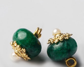 Luxe Natural Emerald Jasper Button with Gold Filigree and Pearl (10mm, 2pcs/pack)