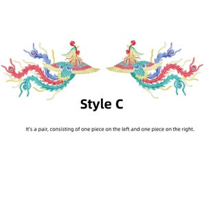Puede incluir: Parche de f&eacute;nix bordado estilo C. Cada parche presenta un dise&ntilde;o colorido con detalles en rojo, azul, amarillo y verde. El texto "Style C" est&aacute; debajo, con una descripci&oacute;n.